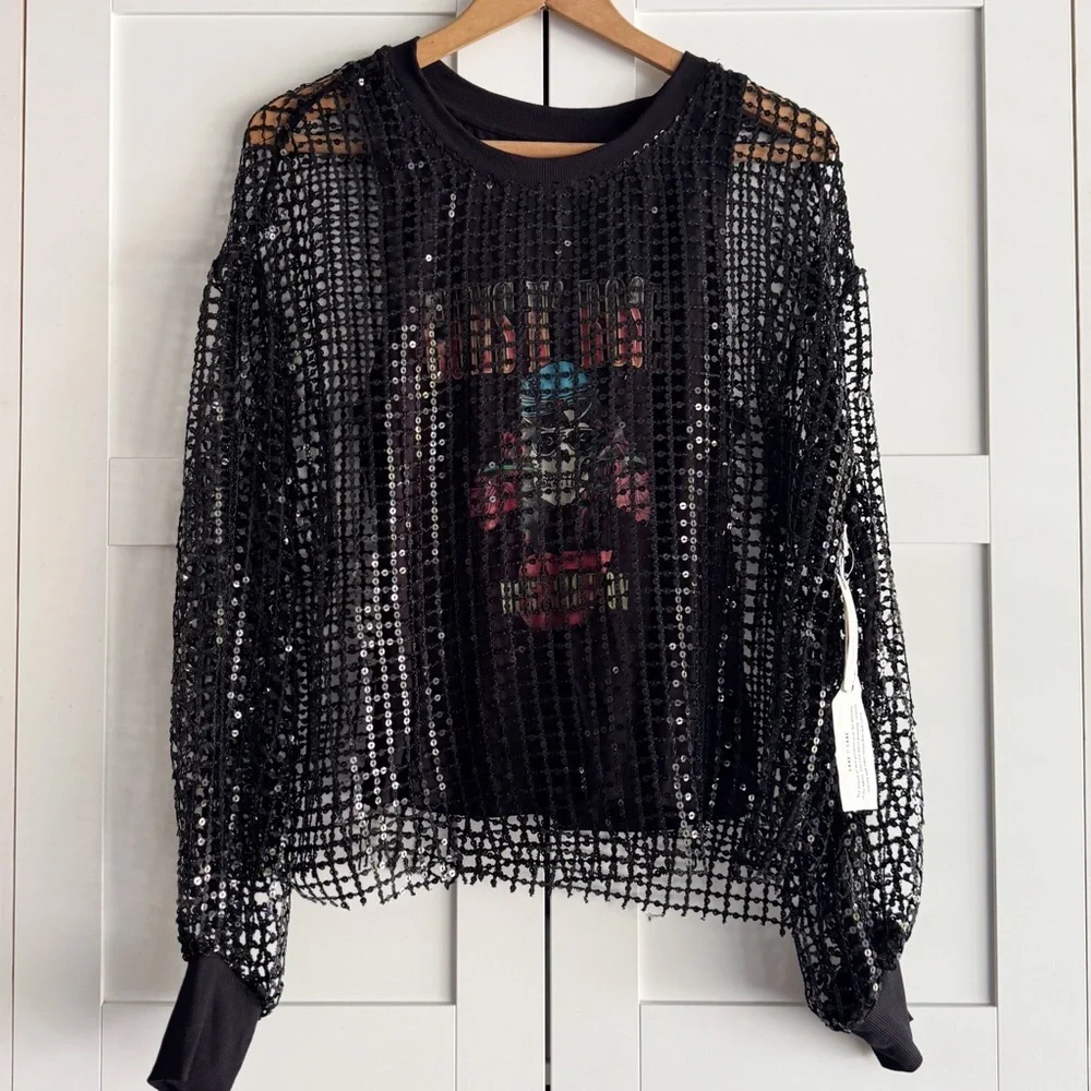 Anthropologie Black Sequin Long Sleeve Top - Picture 5 of 9